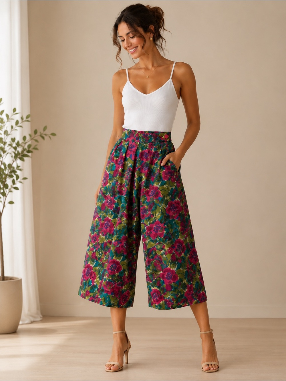 100% Silk Floral Culotte Pants Wide Leg Crop Pink Teal Vintage Style S